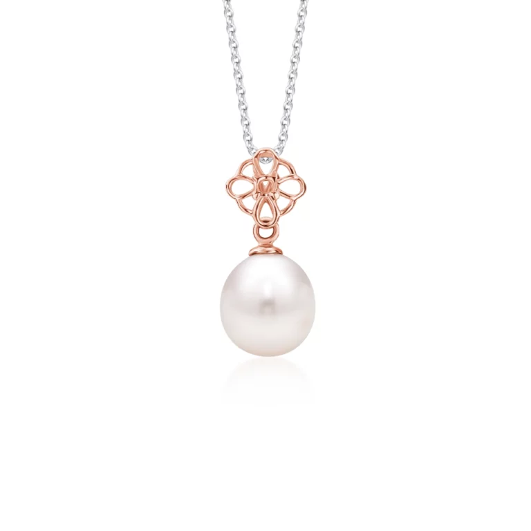 SK rose gold necklace for women, featuring a delicate pearl pendant with a floral-inspired rose gold design.