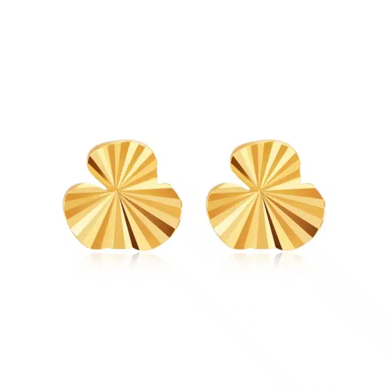 SK 916 Frilled Clover Leaf Gold Stud Earrings featuring a radiant clover leaf design with intricate frilled patterns, crafted in 916 gold for a chic and elegant touch.