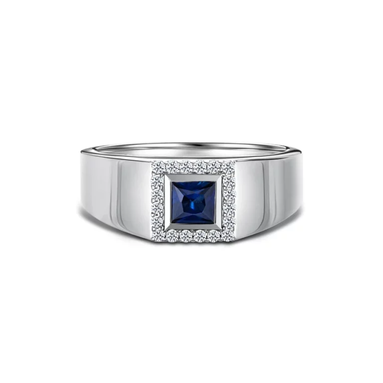 SK SOLITAIRE RING with a blue sapphire diamond in 14k white gold with princess cut halo design PRINCESS CUT GALAXY
