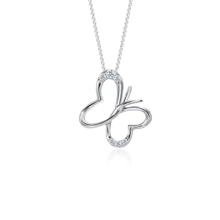 SK diamond necklace with 6 lab grown diamonds on a butterfly pendant with white gold