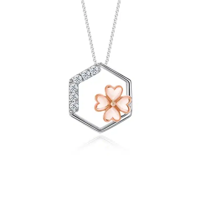 SK diamond rose gold necklace for women with an outline of a hexagon encrusted with lab grown diamonds and a rose gold sakura