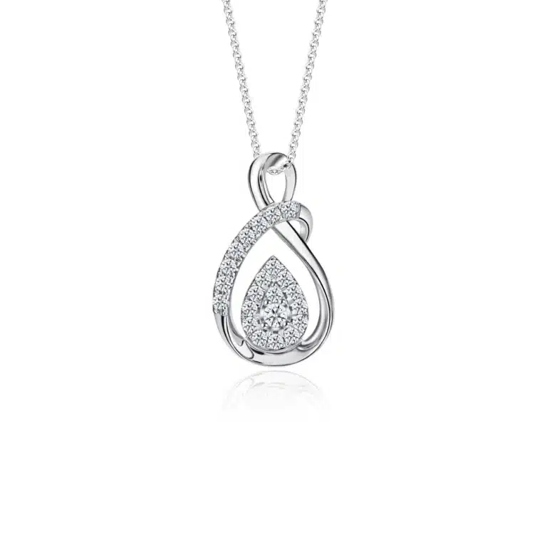 SK diamond necklace with 22 lab grown diamonds in a teardrop shape pendant in white gold