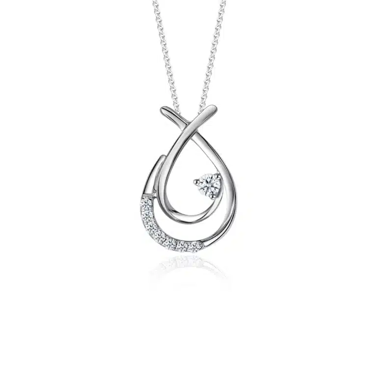 Harmonious Love Knot 10K White Gold Pendant necklace for women, elegantly crafted with an intertwined love knot design, accented by sparkling diamonds totaling 0.07ct. Includes a 10K white gold chain.