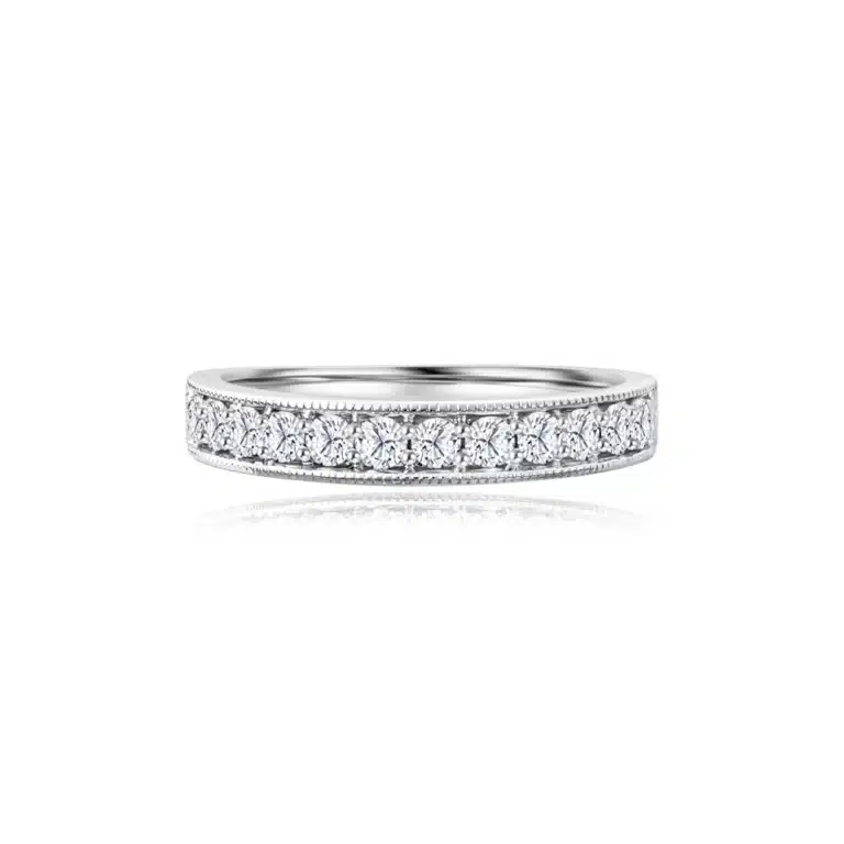 SK WEDDING BAND DIAMOND RING in milgrain half eternity design in 18k white gold with lab grown diamonds TIMELESS SPARKLE ETERNITY
