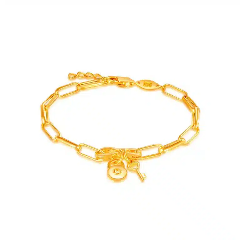 SK 916 Secret Door Gold Bracelet featuring a unique key and lock charm design, crafted in 916 gold, perfect for a timeless and elegant accessory.