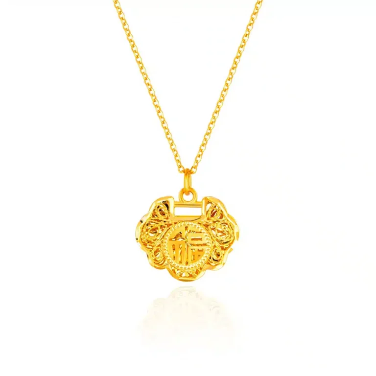 SK 916 Free-Flowing Fortune Ruyi Gold Necklace featuring an intricate 福 design, symbolizing prosperity and good fortune, crafted in 916 gold for timeless elegance