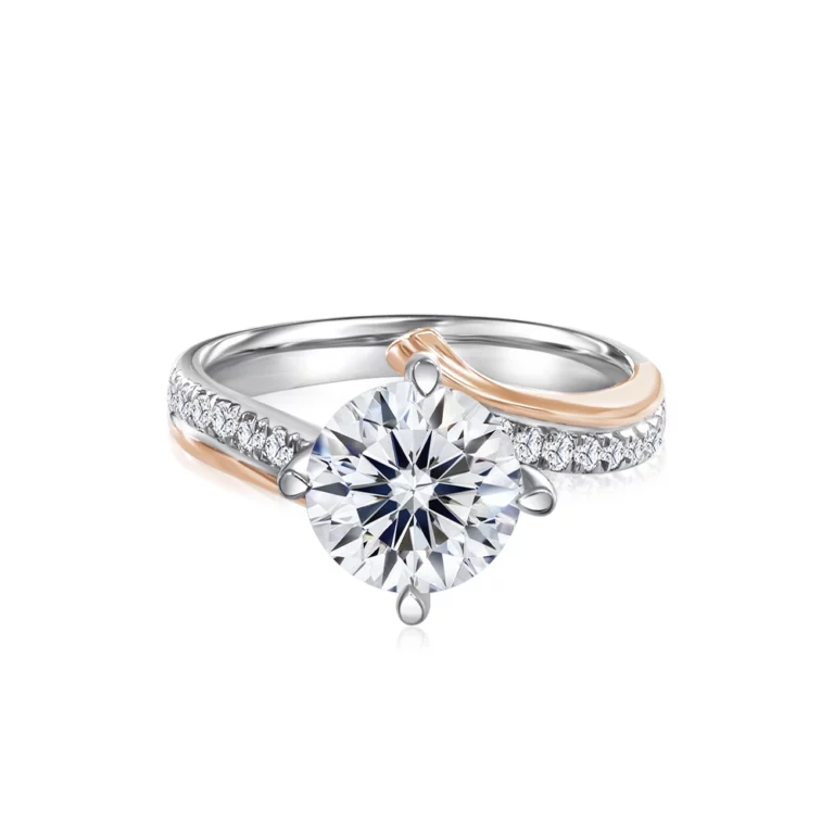 SK DIAMOND RING in 18k white gold and rose gold with a twirled shape pave band and 101 facets of lab grown diamond THE DUET ALLSTAR
