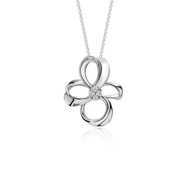 Diamond Bloom 10K White Gold Pendant necklace for women, featuring an elegant floral design with four sculpted petals surrounding a sparkling cluster of lab-grown diamonds (0.02ct). Includes a detachable 40cm white gold chain.