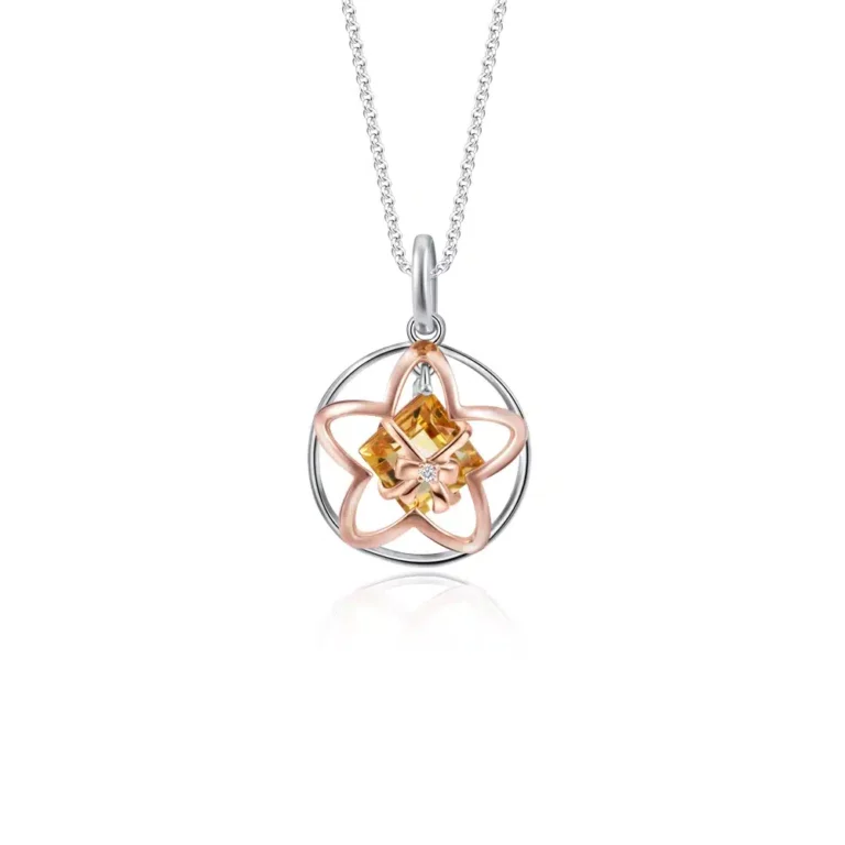 SK diamond necklace with a yellow gem inside of an outlined star shaped in rose gold