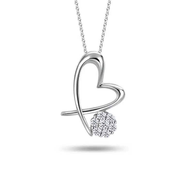 SK Love Radiance diamond necklace for women, featuring a 10K white gold outlined heart-shaped pendant with a cluster of 7 lab-grown diamonds.