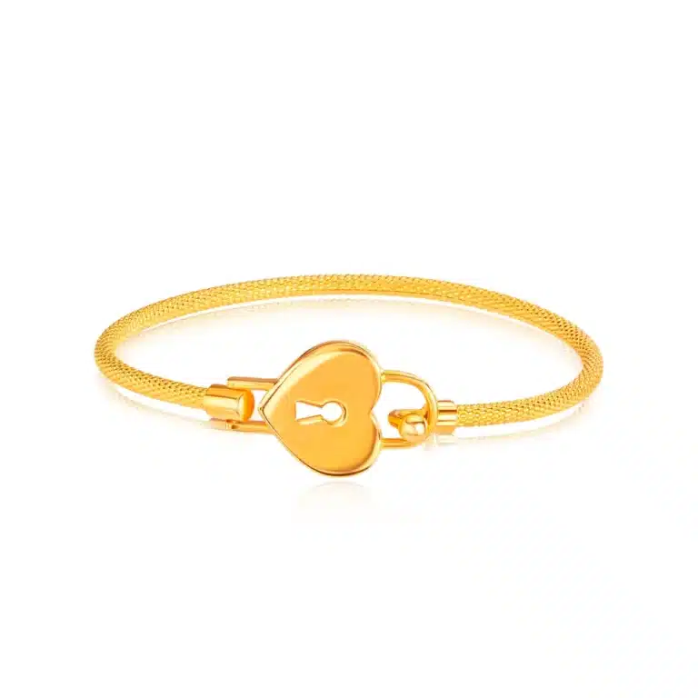 SK 916 Heart Lock Gold Bangle featuring a charming heart-shaped lock design, crafted in 916 gold for an elegant and meaningful accessory
