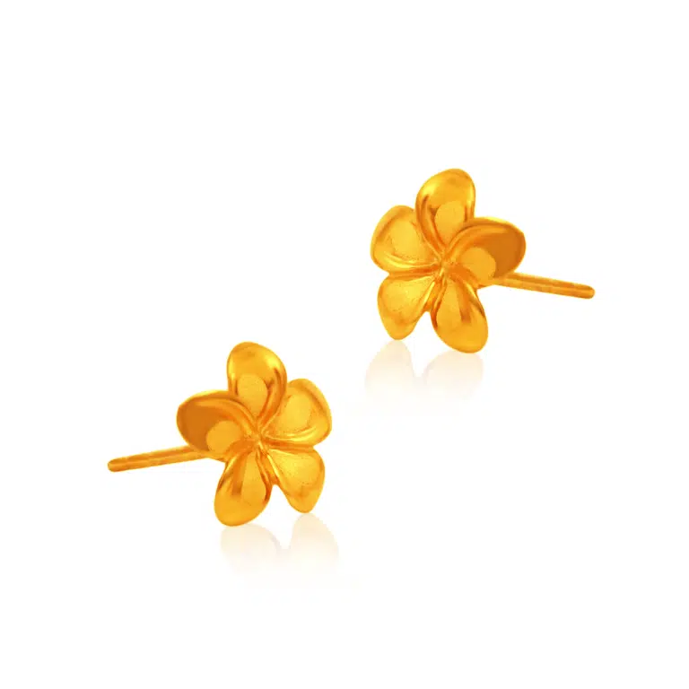 SK earrings malaysia in 916 gold material with golden flora plumeria design as a stud earring