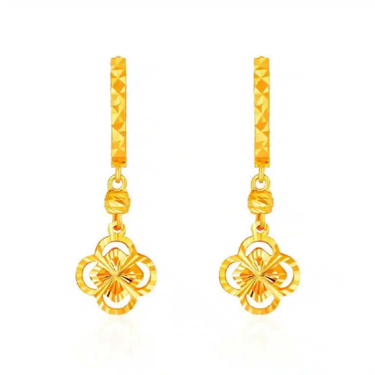 SK 916 Clover Radiance Dangling Hoop Gold Earrings featuring a radiant four-leaf clover design, crafted in 916 gold with intricate details for a graceful and elegant look. Perfect for adding a touch of charm to any outfit.