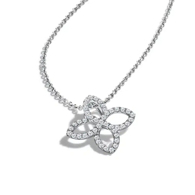 SK diamond necklace with four petals lined with lab grown diamond in white gold