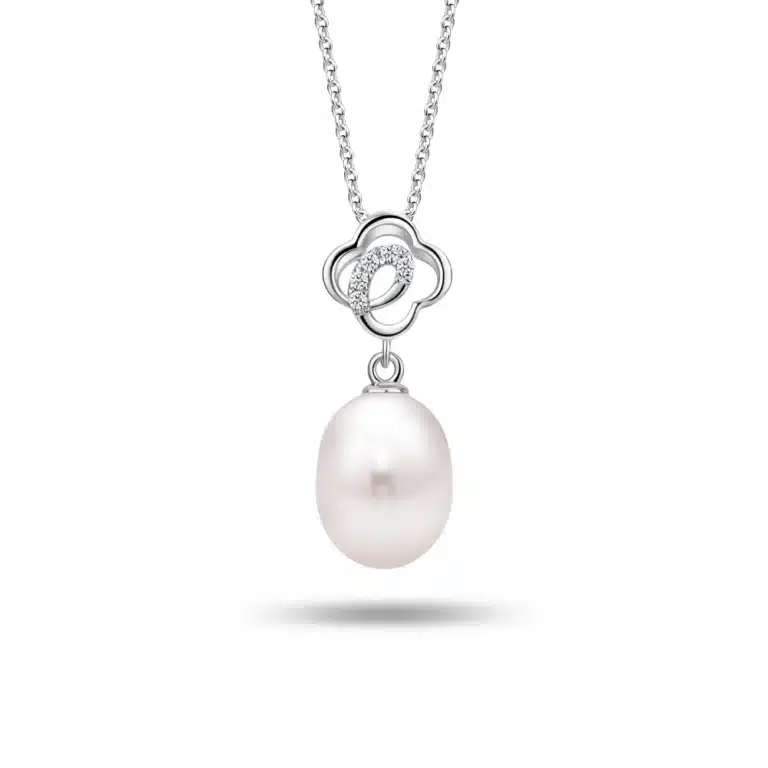 Eternal Elegance Clover Diamond Pearl Pendant, a stunning clover necklace featuring a delicate diamond-adorned clover design and a luminous pearl drop for a timeless and sophisticated look.