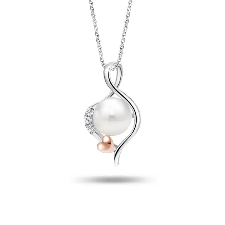 SK heart necklace featuring a band of 10k white gold, speckled with 3 lab grown diamonds, framed into a silhouette of a freshwater pearl
