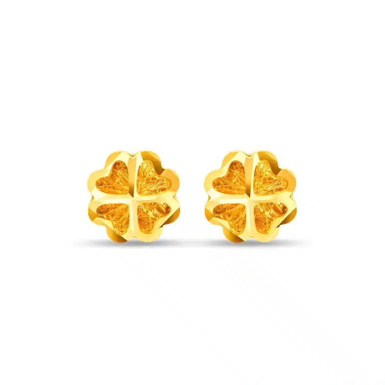 SK small gold earrings designs for daily use featuring clover shaped studs in 999 gold