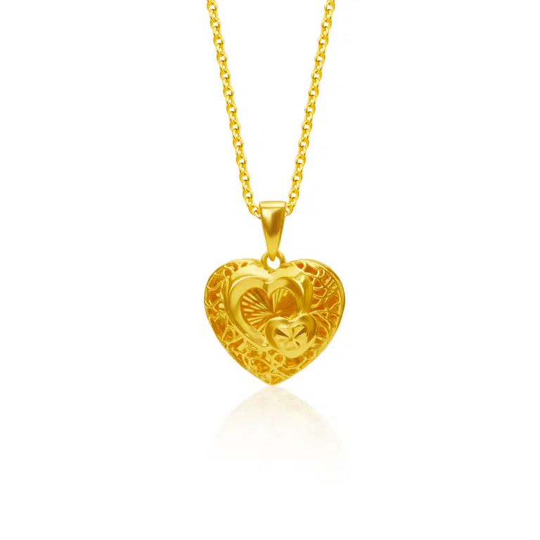 SK heart necklace featuring an elegant heart shaped design in 916 gold material with a carved floral and butterfly motifs symbolising love and transformation