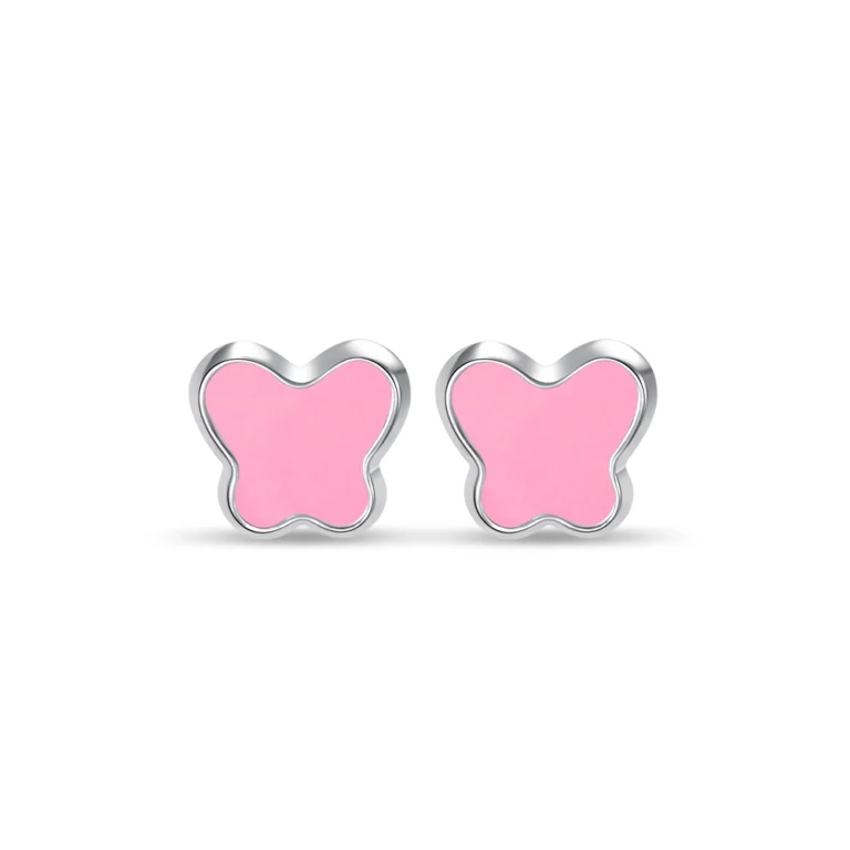 SK earring malaysia in 10k white gold material with pastel pink colour in a stud earring shaped like a butterfly