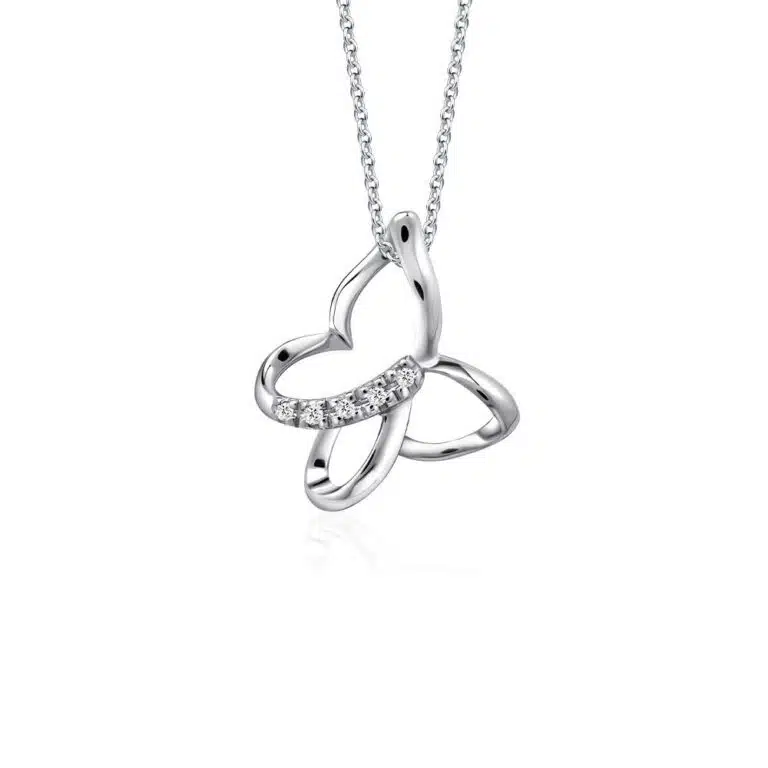 SK diamond necklace featuring a buttlerfly pendant in white gold with 5 lab grown diamonds