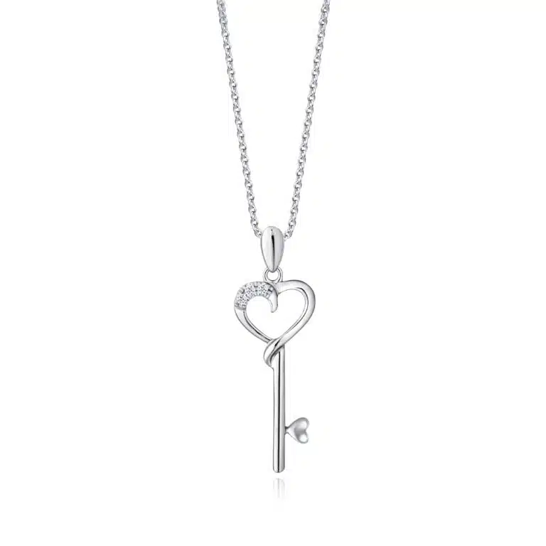 SK diamond necklace featuring a key with an outlined heart in white gold with lab grown diamond