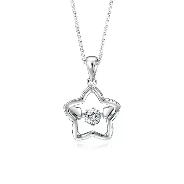 SK diamond necklace featuring a dainty star in white gold and an oscillating lab grown diamond