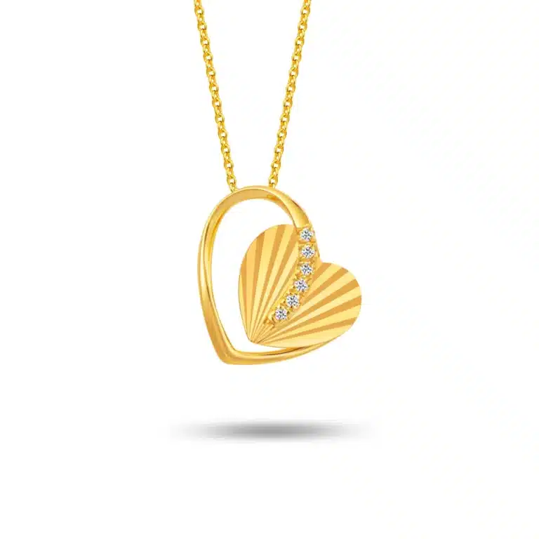SK Aslant Frilled Heart diamond necklace for women, featuring a 916 gold frilled heart pendant accented with diamonds and framed by a heart outline.