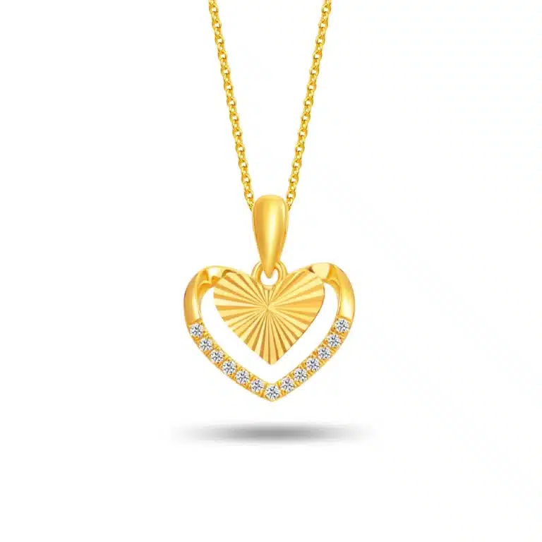 SK Embrace Frilled Heart diamond necklace for women, featuring a 916 yellow gold frilled heart pendant wrapped by another heart and encrusted with 13 lab-grown diamonds.