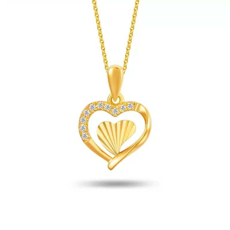 SK Ardent Frilled Heart diamond necklace for women, featuring a 916 yellow gold heart-shaped pendant with lab-grown diamonds.