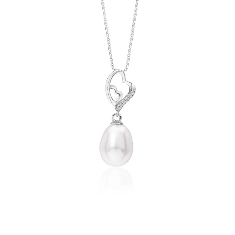 SK heart necklace with a freshwater pearl suspended from a double heart design adorned with lab grown diamonds in 10k white gold material