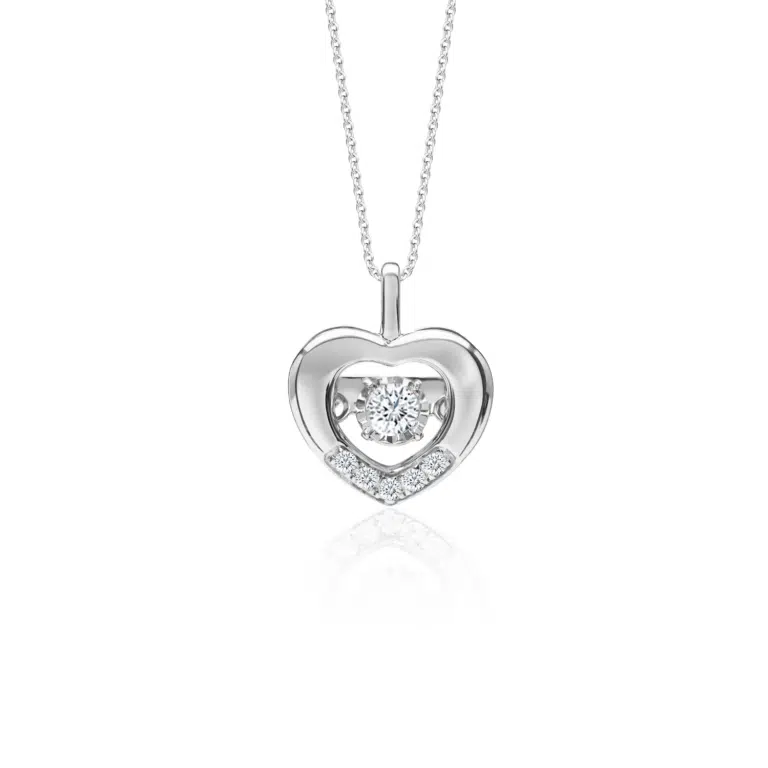 SK Heartfelt dancing diamond necklace for women, featuring a brilliant lab-grown diamond set within a heart-shaped design in white gold.