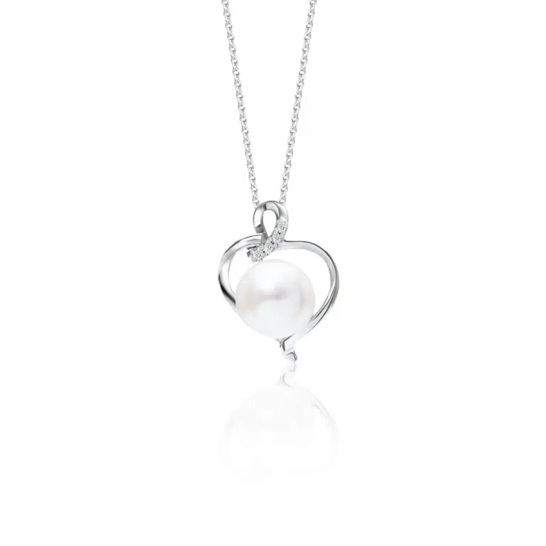 SK heart necklace featuring a freshwater pearl cradled within a heart shaped design with shimmering lab grown diamonds in 10k white gold material