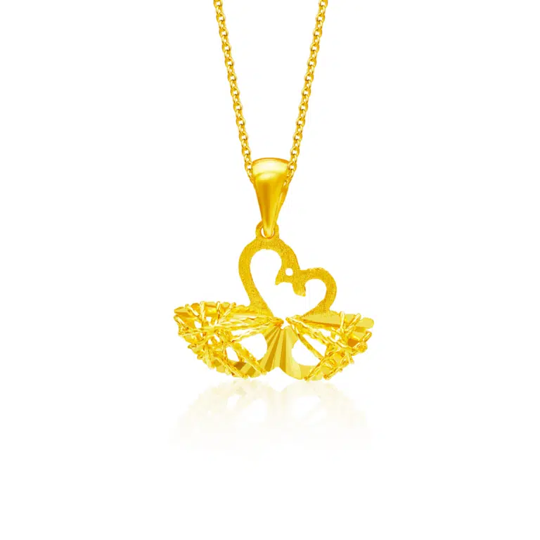 SK heart necklace crafted from 999 gold material featuring two interlocking swan that form a heart shape