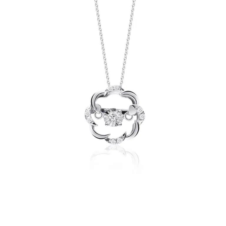 SK diamond necklace featuring a radiant lab grown diamond surrounded by an intricate floral design in white gold