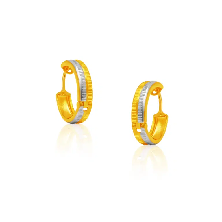 SK earrings malaysia in 916 gold material with duo tone colour of silver accent in a mini hoop earring