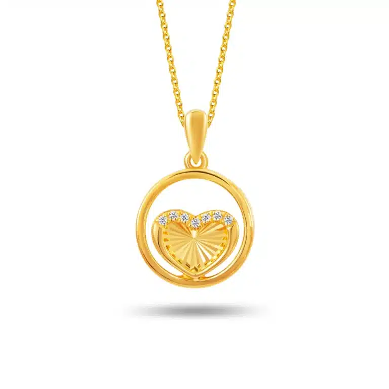 SK heart necklace accented with 7 lab grown diamonds featuring a frilled heart encircled by a ring of yellow 916 gold