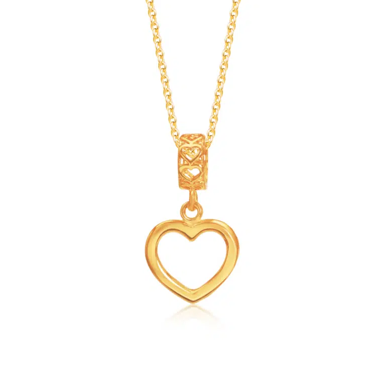 SK heart necklace crafted in 916 gold with an open heart shaped charm