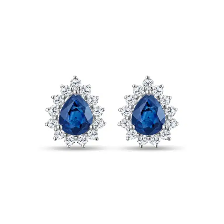 SK earrings malaysia in 10k white gold material with a flower faceted design along with blue sapphires and lab grown diamonds