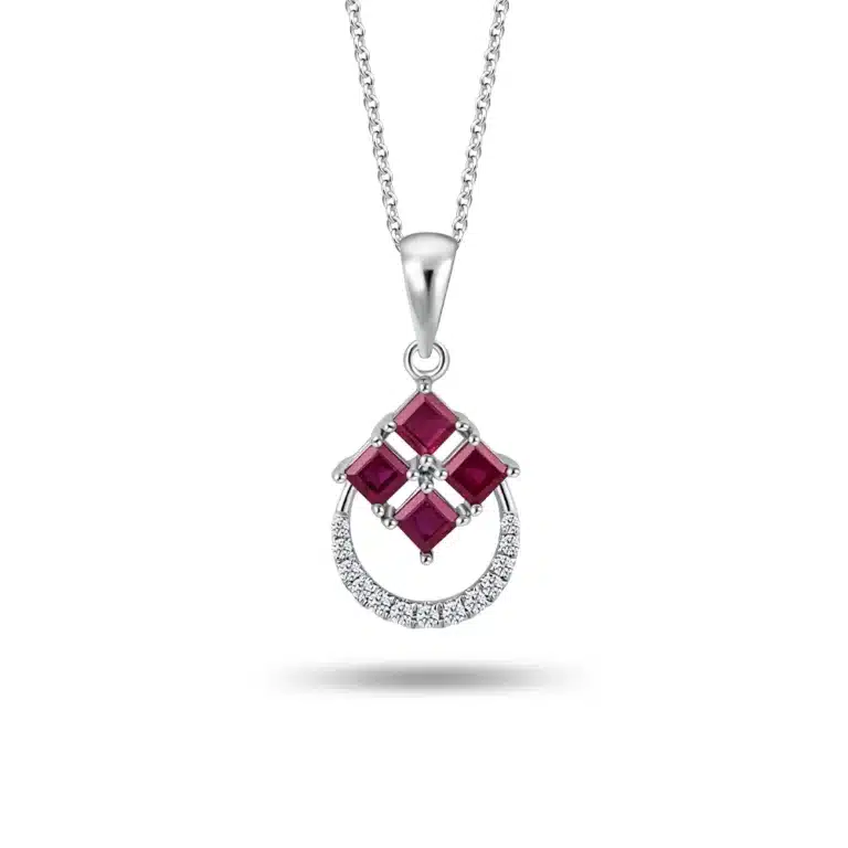 Scarlet Arc of Light 10K Diamond Pendant necklace for women, featuring four striking red rubies (0.55ct) set in a diamond-shaped design, complemented by a sparkling arc of 13 lab-grown diamonds (0.07ct). Crafted in 10K white gold with a detachable 40cm white gold chain.