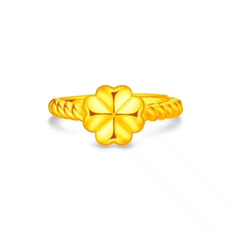 Twisty Hearts Clover 999 Pure Gold Ring featuring a charming four-leaf clover design with heart-shaped petals, crafted in pure gold with a stylish twisted band for added elegance.