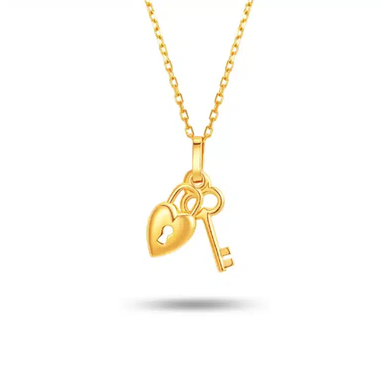 SK heart's gateway 916 gold necklace with a heart-shaped lock and 21st birthday 916 gold key pendant
