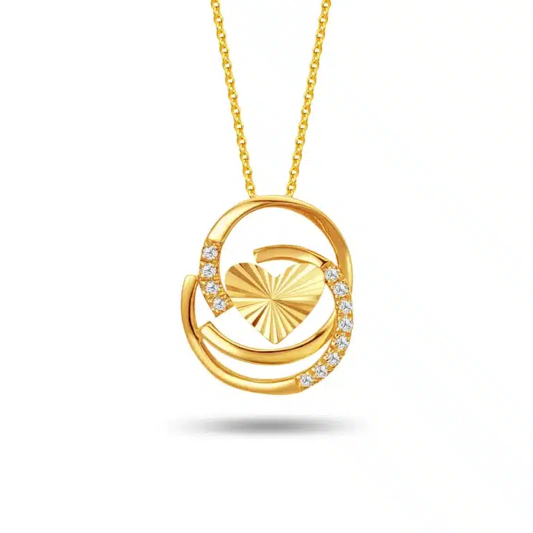 SK heart necklace featuring a frilled heart and a diamond studded loop in 916 gold with 12 lab grown diamonds
