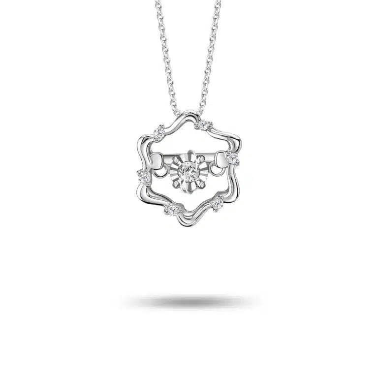 Heirloom Spark 10K Diamond Pendant necklace for women, crafted in white gold with an elegant wavy hexagon design, adorned with six sparkling side diamonds (0.03ct) and a mesmerizing center diamond (0.04ct) that moves gracefully. Includes a detachable 10K white gold chain.