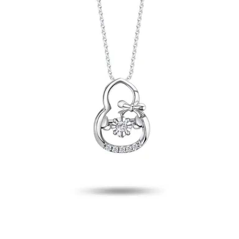 Twinkling Gourd 10K Diamond Pendant necklace for women, crafted in white gold with a charming gourd design accented by a delicate ribbon. Features a sparkling center diamond (0.04ct) and five side diamonds (0.03ct). Includes a detachable 10K white gold chain.