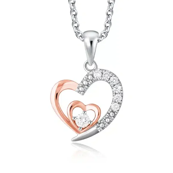measurement of SK Starlett Passione Diamond Heart Shape Necklace for Women – pendant with double-layered heart outlines in 10K rose gold and white gold, accented with lab-grown diamonds.