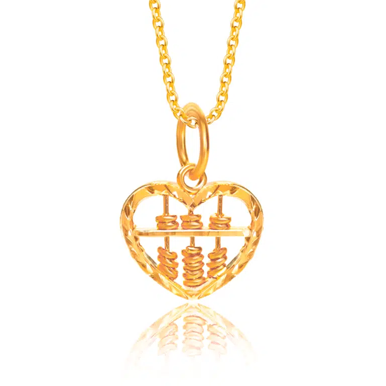 SK heart necklace with an abacus inside symbolises the importance of emotional and financial prosperity in 916 gold