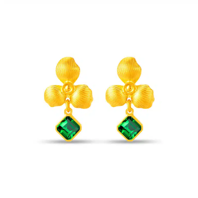 SK earrings malaysia in 999 gold with three leaf flower design in a dangling earrings