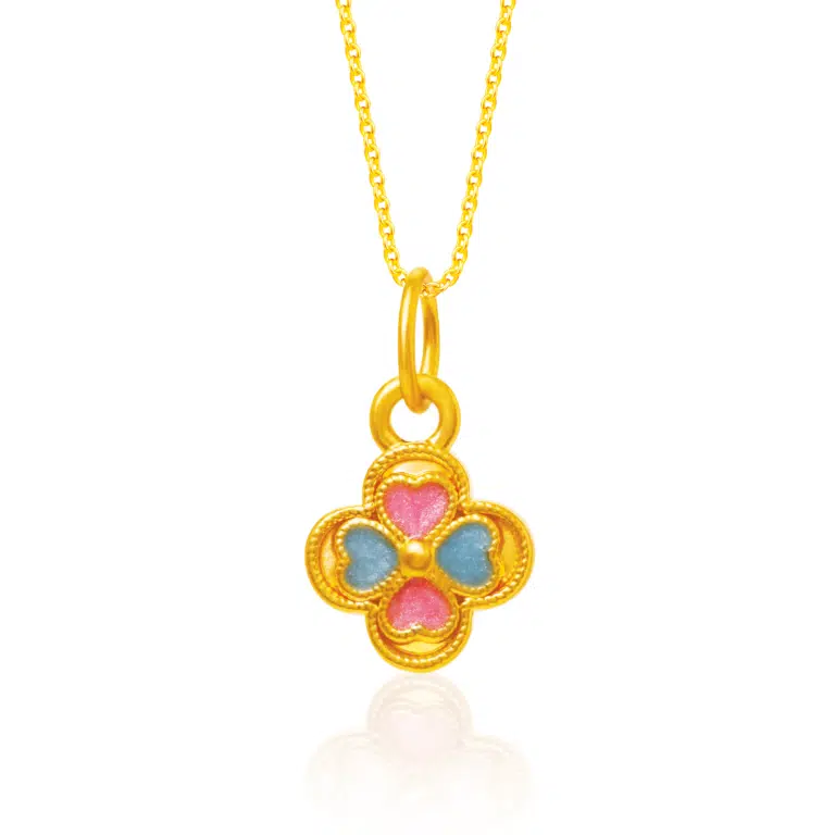 Twin Clover Blessings 999 Gold Pendant featuring a layered clover design with intricate pink and blue enamel details, designed in the shape of a clover for a charming and auspicious look.