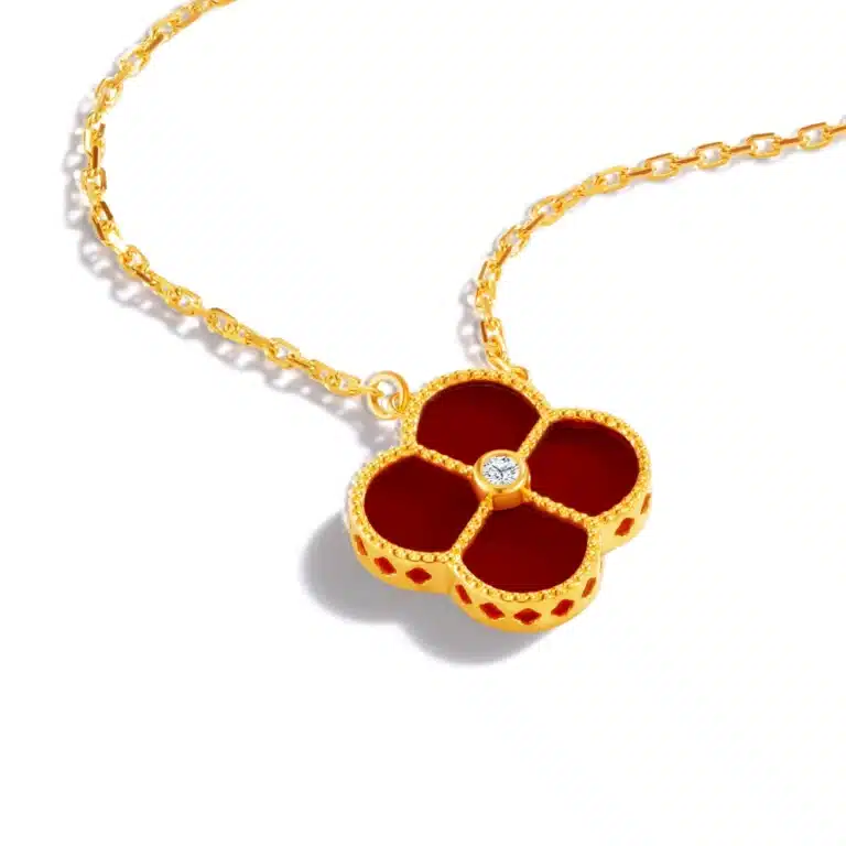SK Red Agate Golden Bloom 916 Gold Necklace with a four leaf clover necklace pendant.