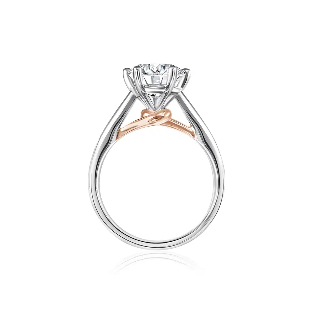 SK rose gold diamond ring in white gold and rose gold with lab grown diamond seen from below